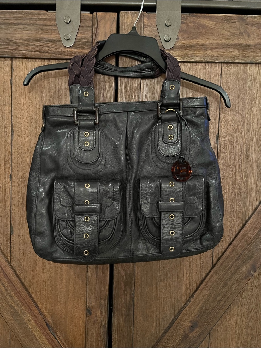 Elliott Lucca Black Brown Leather Tote with Gold Hardware